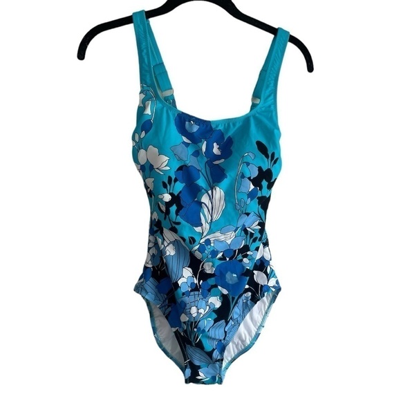 Gottex Floral Art Square Neck One Piece 8 Blue Floral Swimsuit - Picture 5 of 9